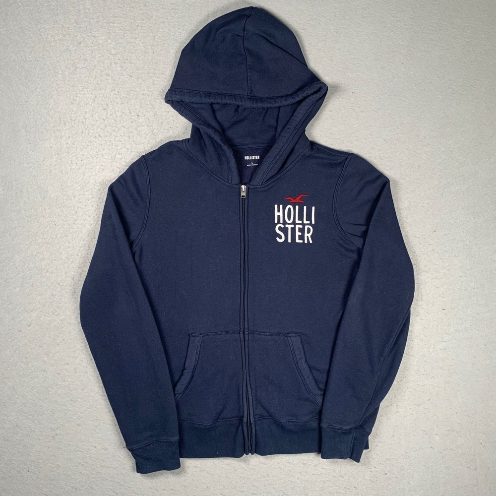 Hollister Zip Up Hoodie Women's Large Navy Blue California Logo Sweatshirt Y2K